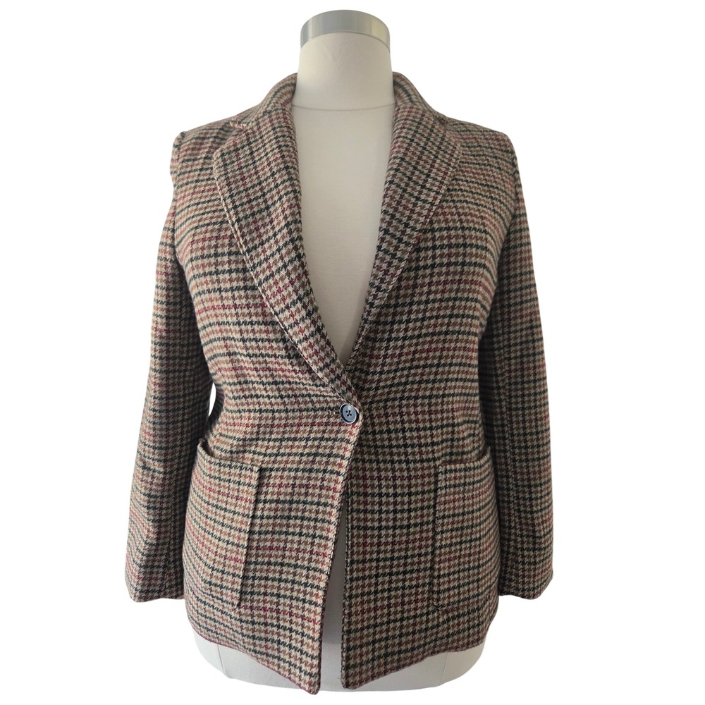 Sonoma Goods For Life Womens Brown Red Glen Plaid Wool Blend Blazer Jacket L